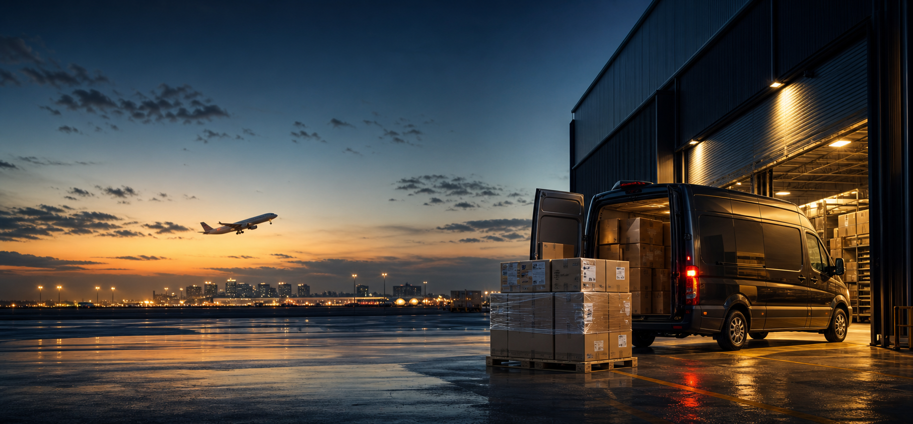 Van loaded with parcels at a logistics terminal at dusk